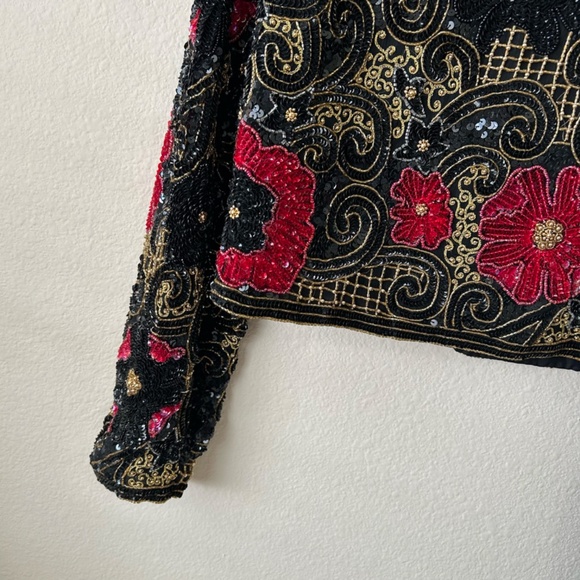 Black Beaded Jacket Long Sleeve Red Gold Embroidery Sequin Vintage Size Medium - Picture 9 of 15